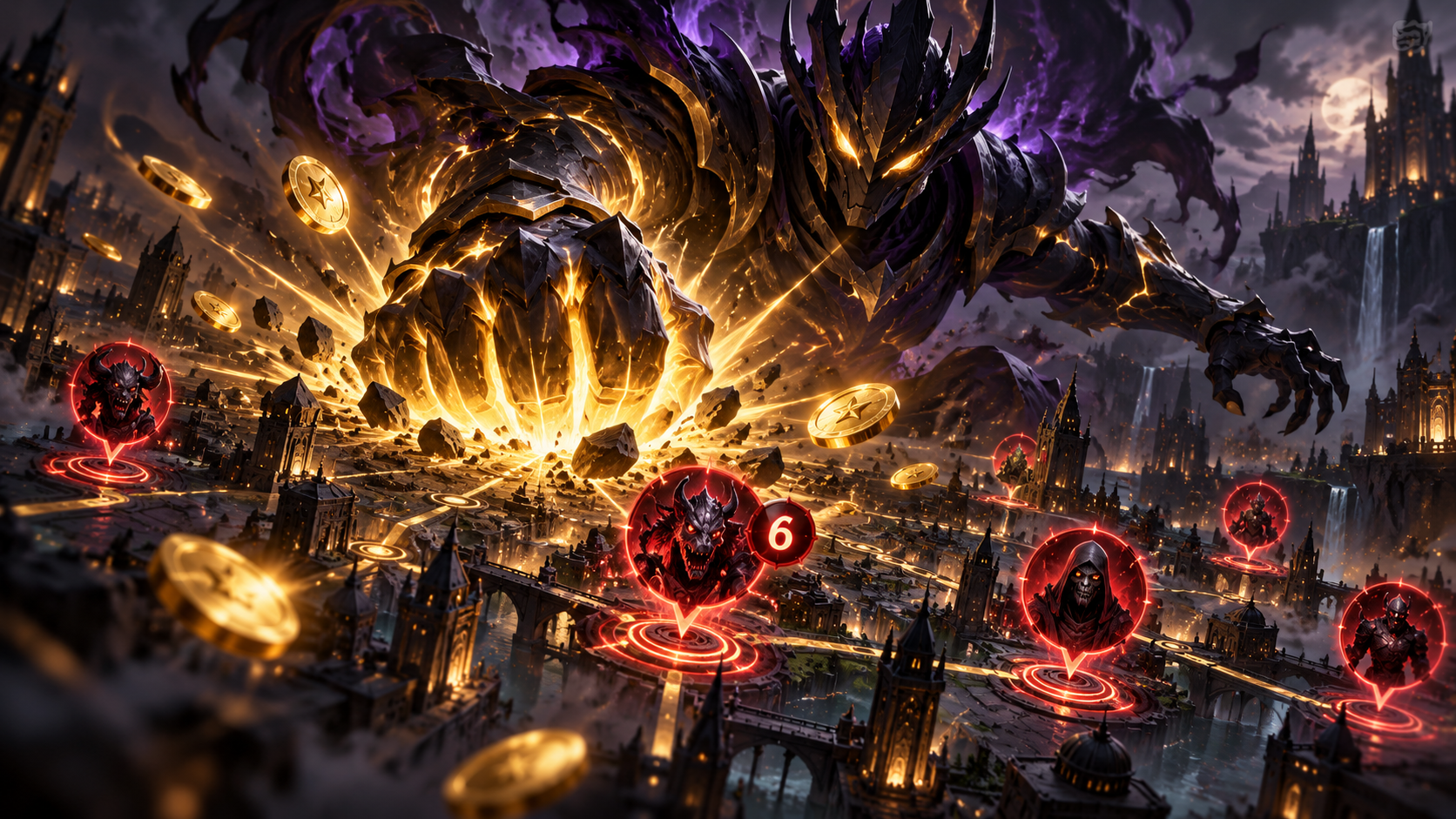 Illustration eines gepanzerten Monsters über einer Battle Map mit roten Monster-Pins und goldenen Coins.