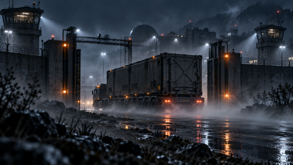 Illustration eines schweren Transportfahrzeugs mit geschlossenem Container an einer Forschungsanlage bei Nacht.