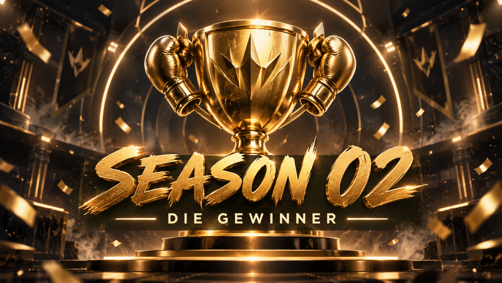 Goldener Pokal mit Boxhandschuhen und dem Schriftzug „Season 02 – Die Gewinner“.